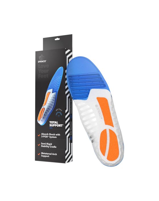 Front view of Spenco Total Support Gel Insole unisex packaging and insole on white background
